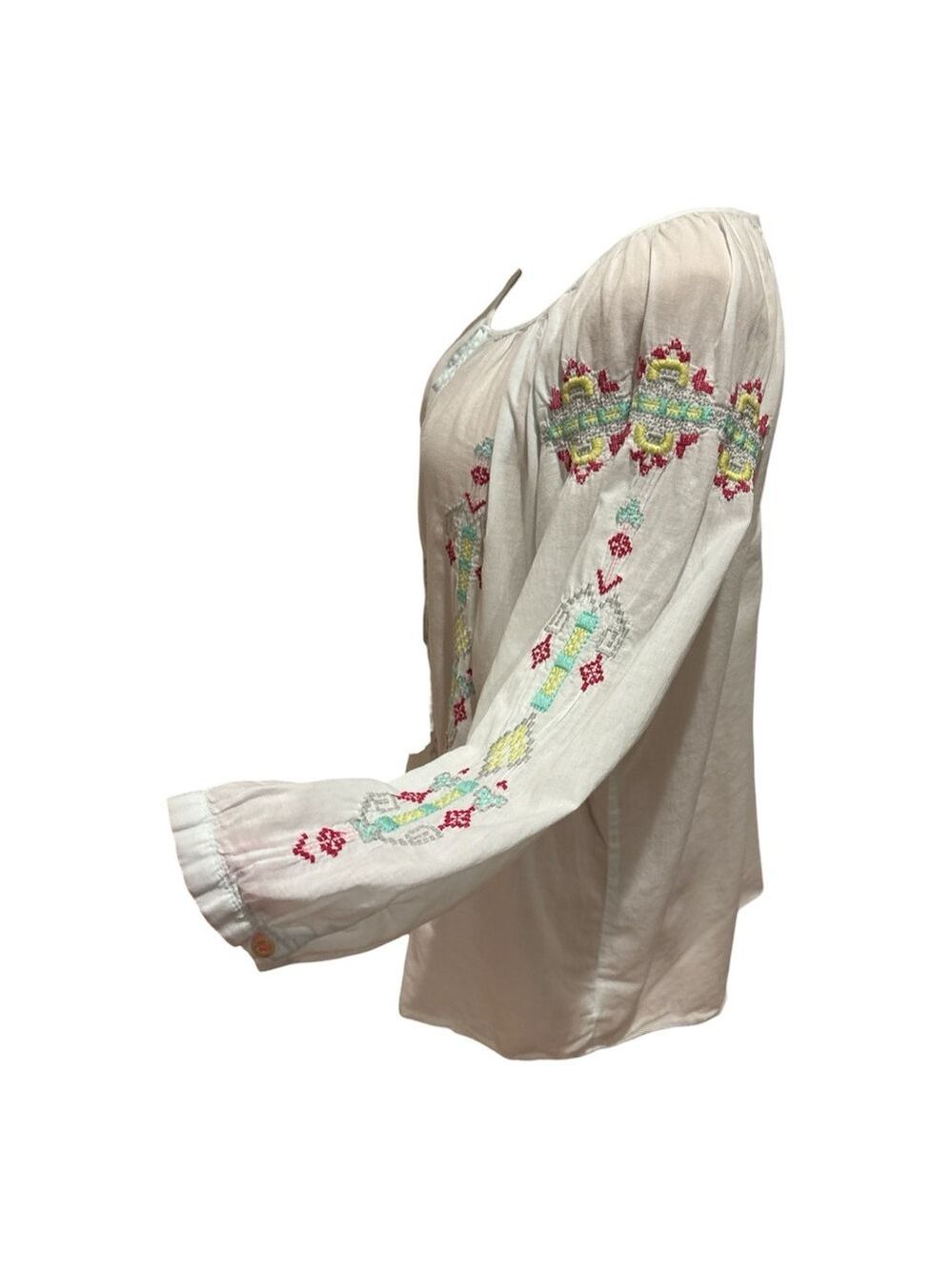 JOHNNY WAS 3 J WORKSHOP COTTON PASTEL BLUE W EMBROIDERED AZTEK PATTERN TOP SZ L - Picture 4 of 8